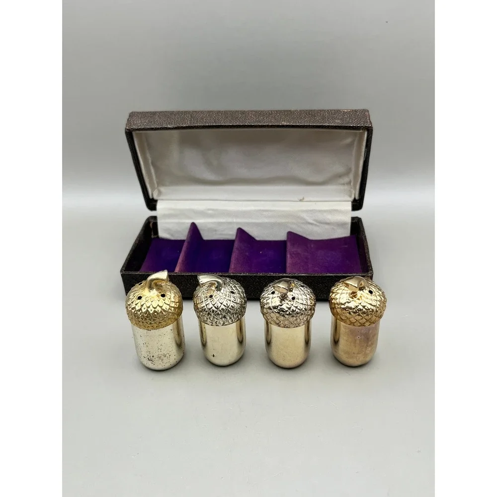 Vtg Acorn Salt Pepper Shakers Set of 4 Japan Silver Gold Tone with Box As Is